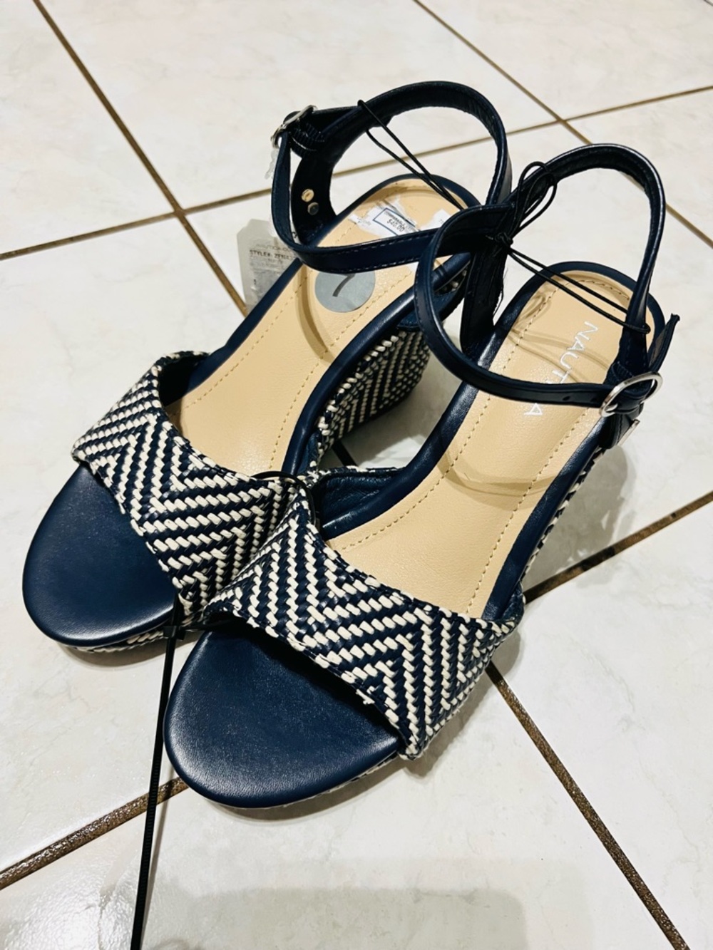 Nautica Navy and White Woven Wedge Sandals size 7